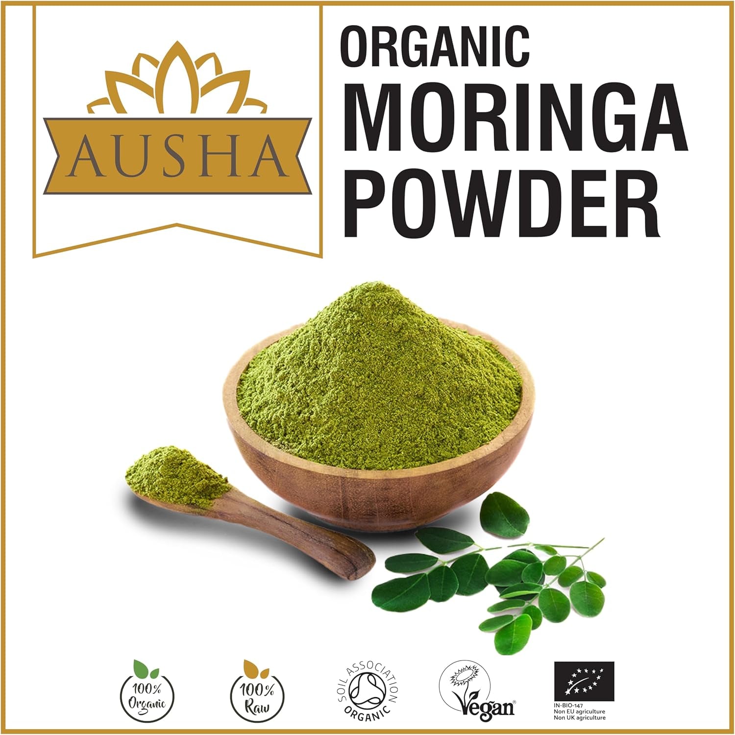 Ausha Organic Moringa Powder 100 G - UK Certified Organic by Soil Association - Oleifera Leaf - Source of Protein, Amino Acids, Antioxidants, Dietary Fibre, Vitamins & Minerals