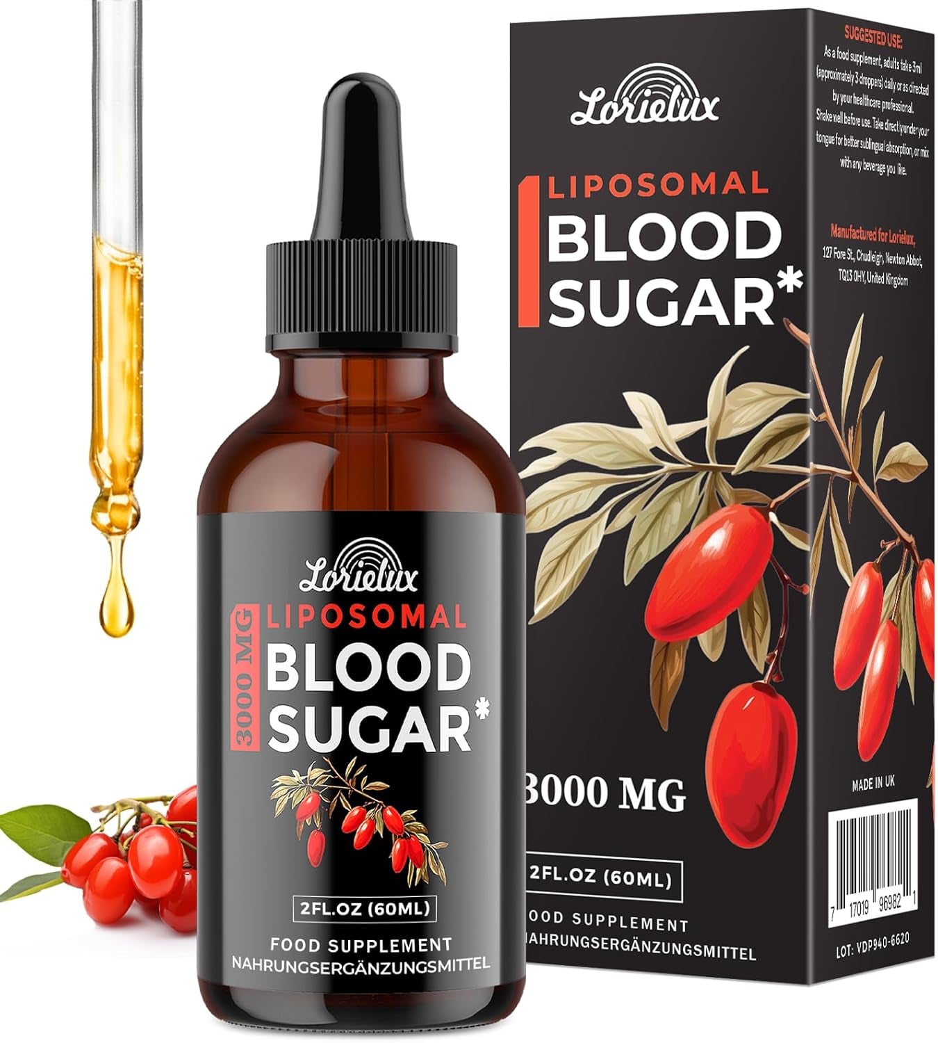Liposomal Blood Sugar Support Drops - 3000 Mg Advanced Formula for Glucose Support & Metabolic Health - Prebiotic Fibre for Digestive Health – Vegan, Non-Gmo – 60 Ml Liquid Supplement