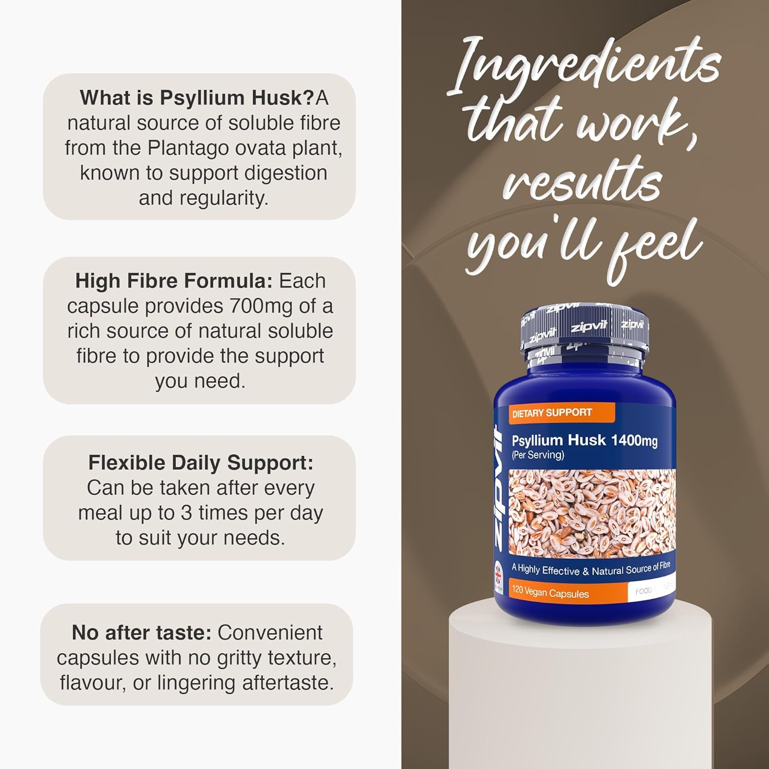 Zipvit Psyllium Husk Fibre Supplement, 1400Mg Psyllium Husk Powder, up to 4200Mg per Serving, 120 Vegan Capsules