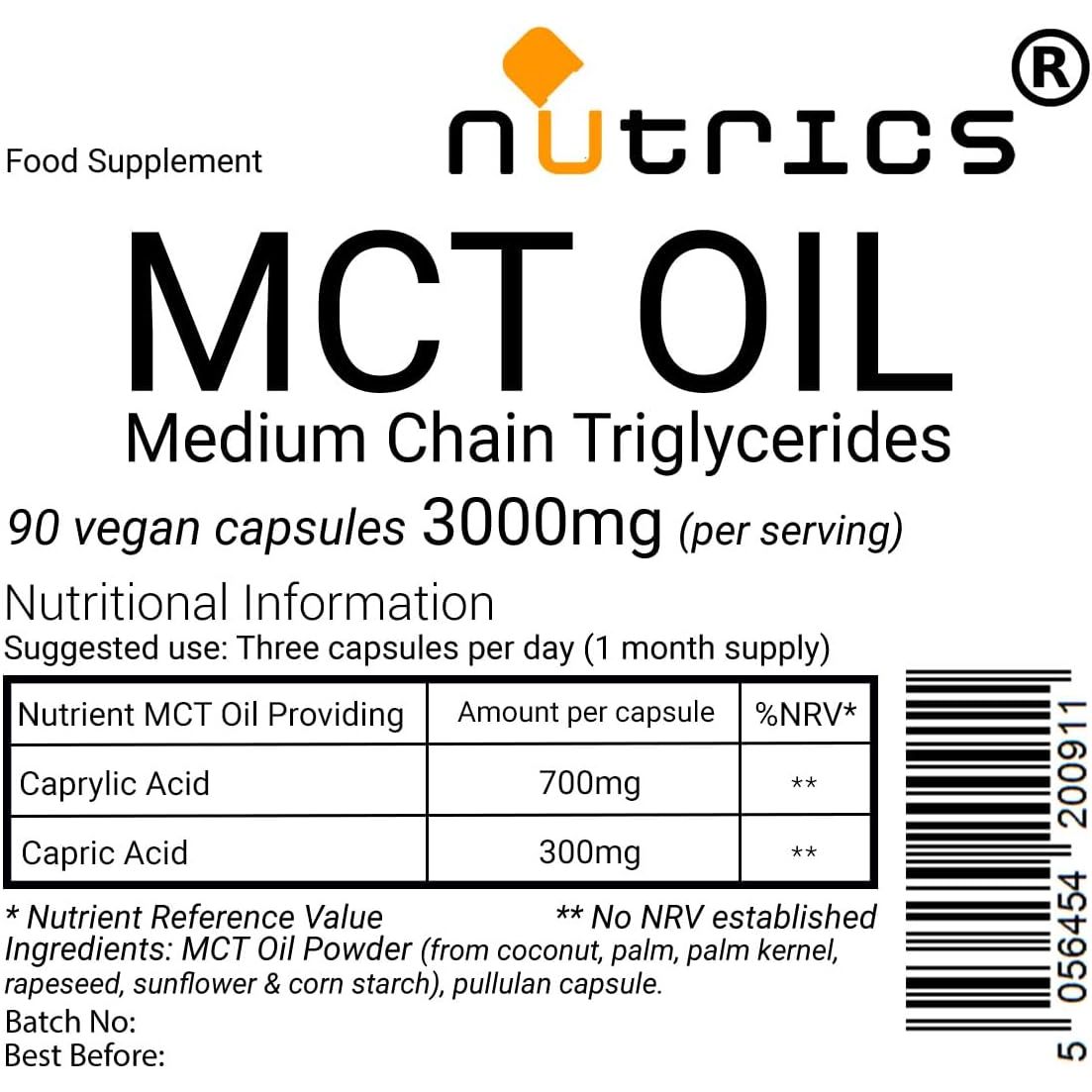 Nutrics® MCT Oil 3000Mg 90 V Capsules (1 Month Supply) Medium-Chain Triglycerides (Mcts) - Boosts Ketones - Suitable for Vegan