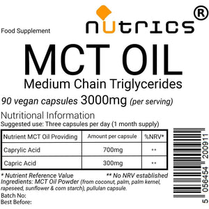 Nutrics® MCT Oil 3000Mg 90 V Capsules (1 Month Supply) Medium-Chain Triglycerides (Mcts) - Boosts Ketones - Suitable for Vegan