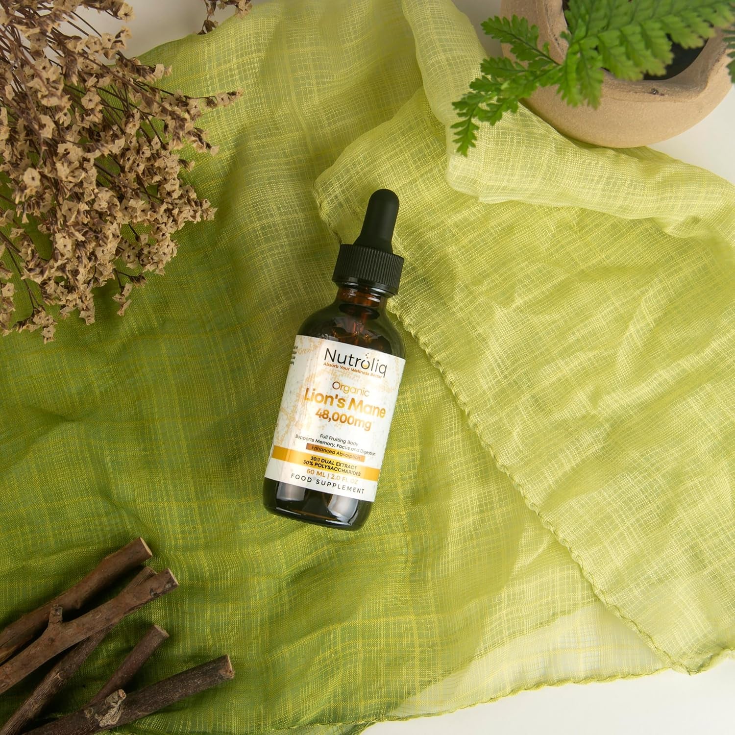 Nutroliq Lions Mane Liquid Drops - 48000Mg per Serving - Fruiting Body Extract - 30% Polysaccharides - Vegan Formula - 60-Day Supply - Lions Mane Tincture Supplement with Organic Hericium Erinaceus