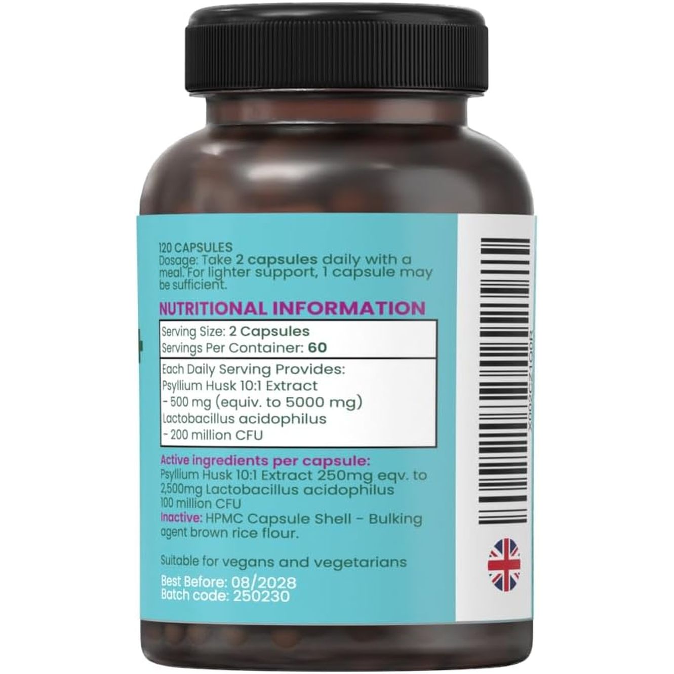 Colon Cleanse plus – 120 Vegan Capsules | Psyllium Husk Complex with Probiotics | High Fibre Digestive Support | Detox, Constipation Relief & Weight Management