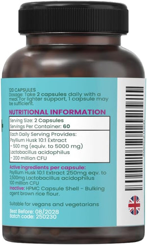 Colon Cleanse plus – 120 Vegan Capsules | Psyllium Husk Complex with Probiotics | High Fibre Digestive Support | Detox, Constipation Relief & Weight Management