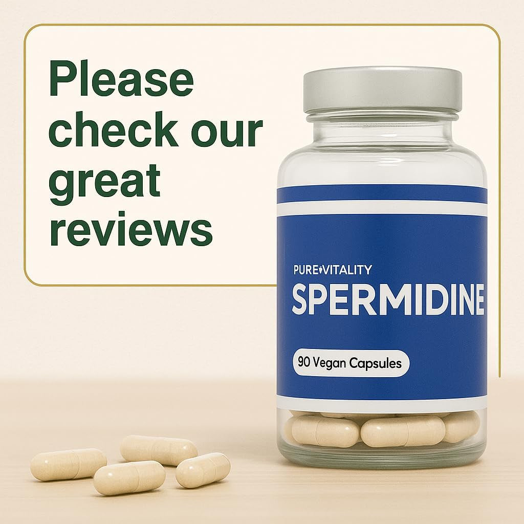 Pure Vitality : Spermidine Trihydrochloride 98% Purity - 90 X 8Mg Vegan Capsules - GMP HACCP Certified - UK Manufacturer - Gluten Free - Lab Tested - Optimal Dosage