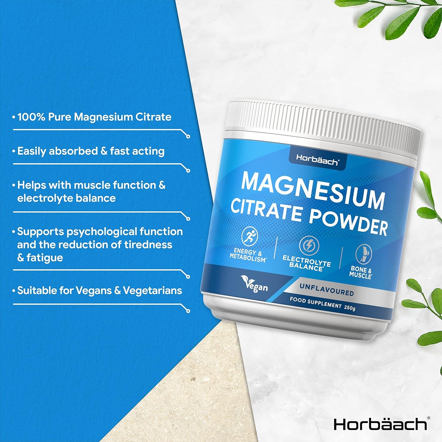Magnesium Citrate Powder | High Absorption Formula | 250G - 100 Servings | Electrolyte Balance | Pure & High Strength Supplement | Vegan & Unflavoured | for Men & Women | by Horbaach