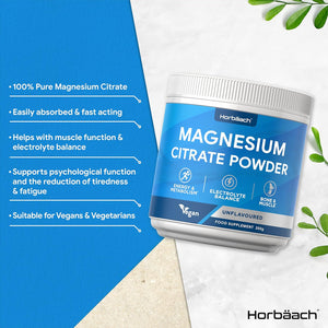 Magnesium Citrate Powder | High Absorption Formula | 250G - 100 Servings | Electrolyte Balance | Pure & High Strength Supplement | Vegan & Unflavoured | for Men & Women | by Horbaach