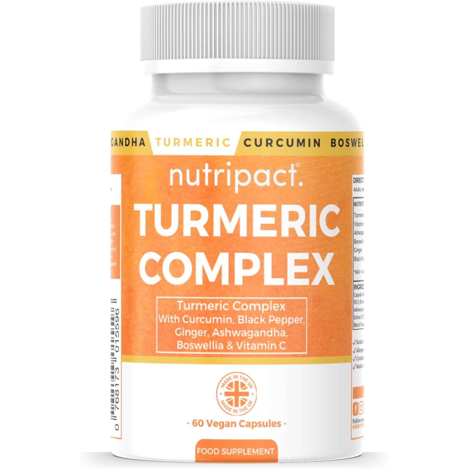 Nutripact Turmeric Extract Complex 10,000Mg with Curcumin, Black Pepper, Ginger, Ashwagandha, Boswellia & Vitamin C High Strength Tumeric Supplement (Not Tablets) 95% Curcuminoids - 60 Vegan Capsules