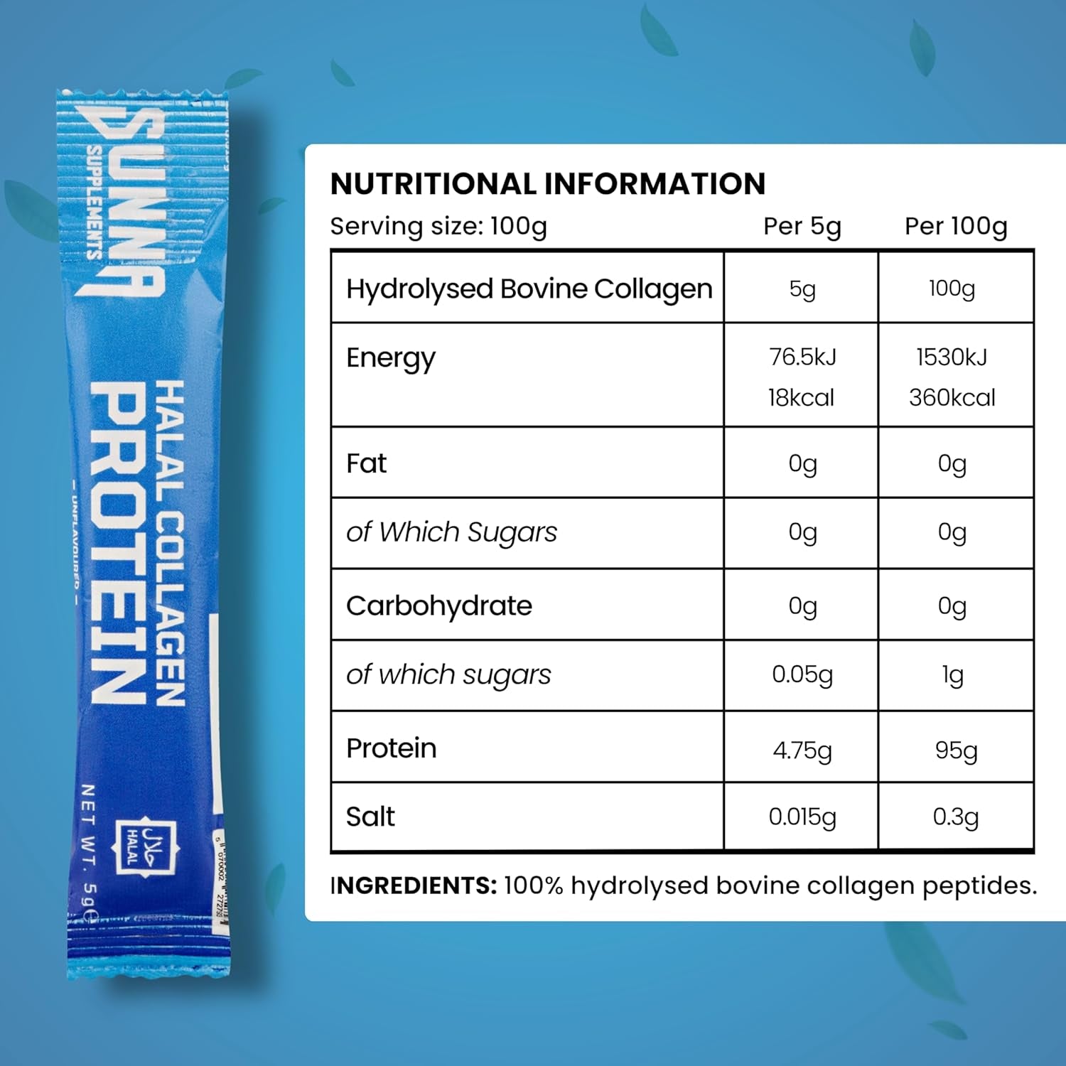 SUNNA SUPPLEMENTS Halal Collagen Protein Sachets 15 X 5G - Hydrolysed Bovine Collagen Peptides Skin, Hair, Nail Vitamins & Joint Support, Gluten-Free, Dairy-Free & Soy-Free Unflavored & Easy to Mix