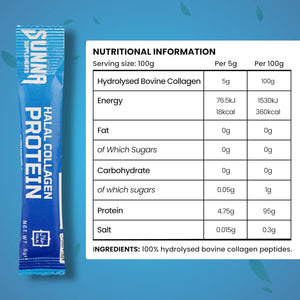 SUNNA SUPPLEMENTS Halal Collagen Protein Sachets 15 X 5G - Hydrolysed Bovine Collagen Peptides Skin, Hair, Nail Vitamins & Joint Support, Gluten-Free, Dairy-Free & Soy-Free Unflavored & Easy to Mix