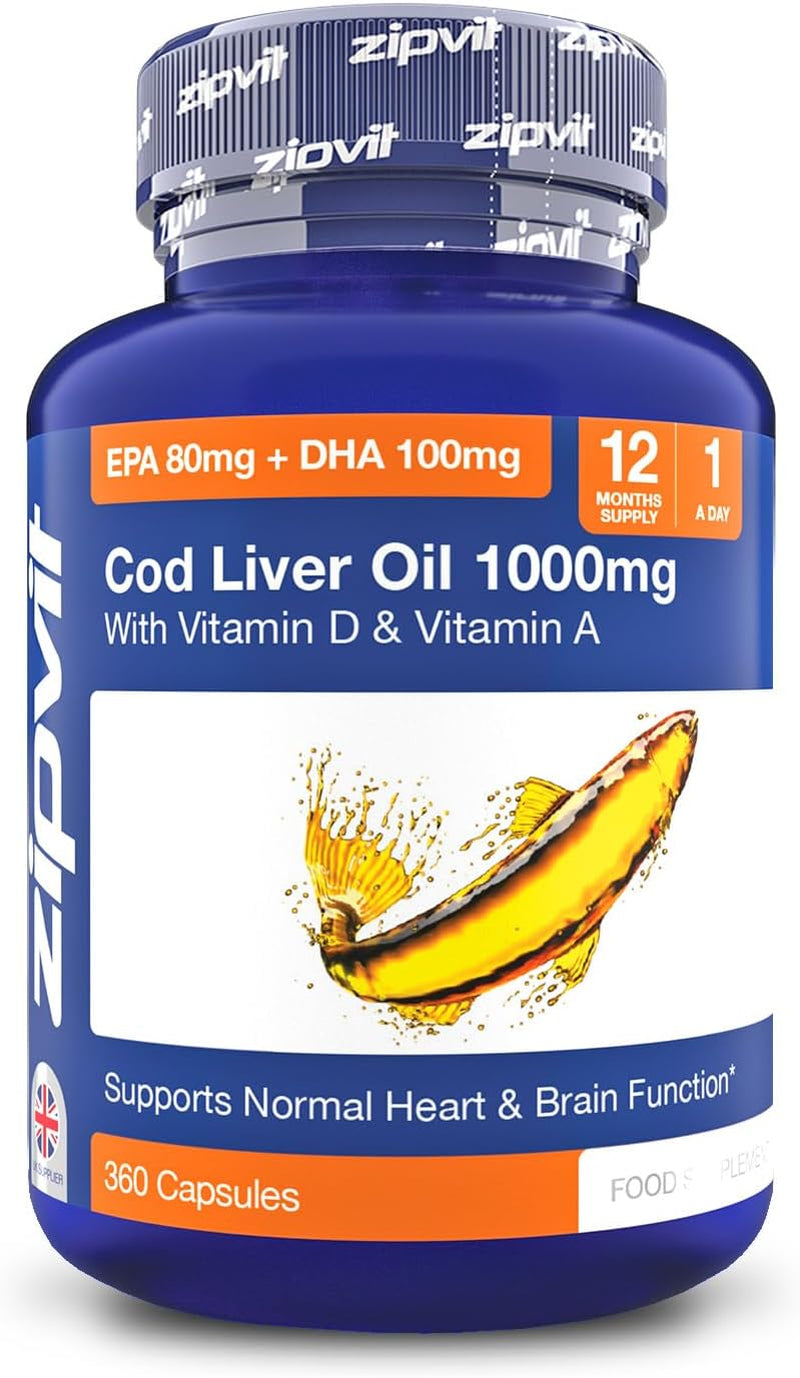 Zipvit Cod Liver Oil 1000Mg, 360 Capsules of High Strength Fish Oil, Rich in Omega 3. Supports Heart Health, Brain Health, Eye Health and Normal Blood Pressure