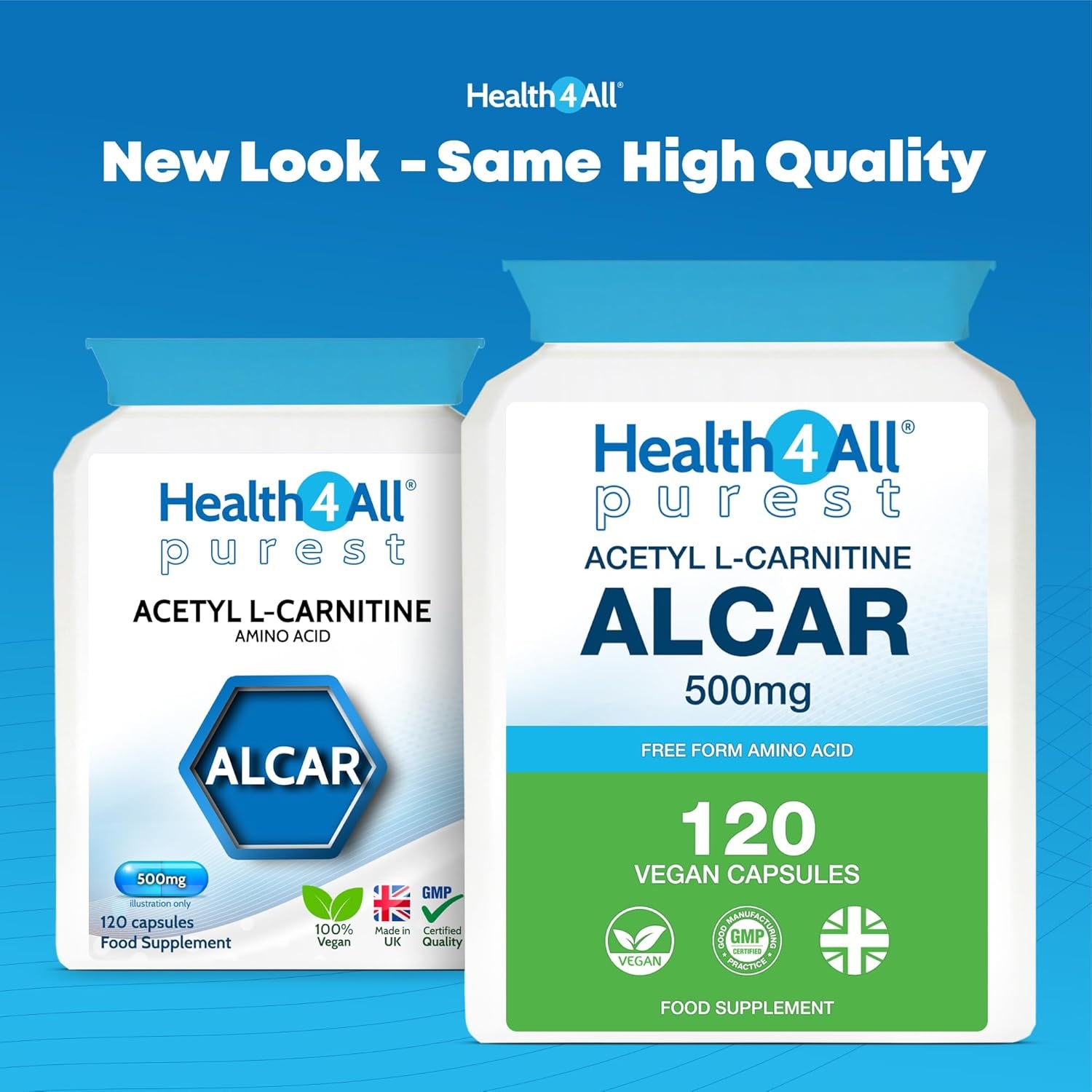 Health4All Acetyl L-Carnitine 500Mg 120 Capsules, Purest High Strength ALCAR Amino Acid with No D-Carnitine, Vegan, Gluten-Free, Gmo-Free Acetyl-L-Carnitine Supplement | Made in UK