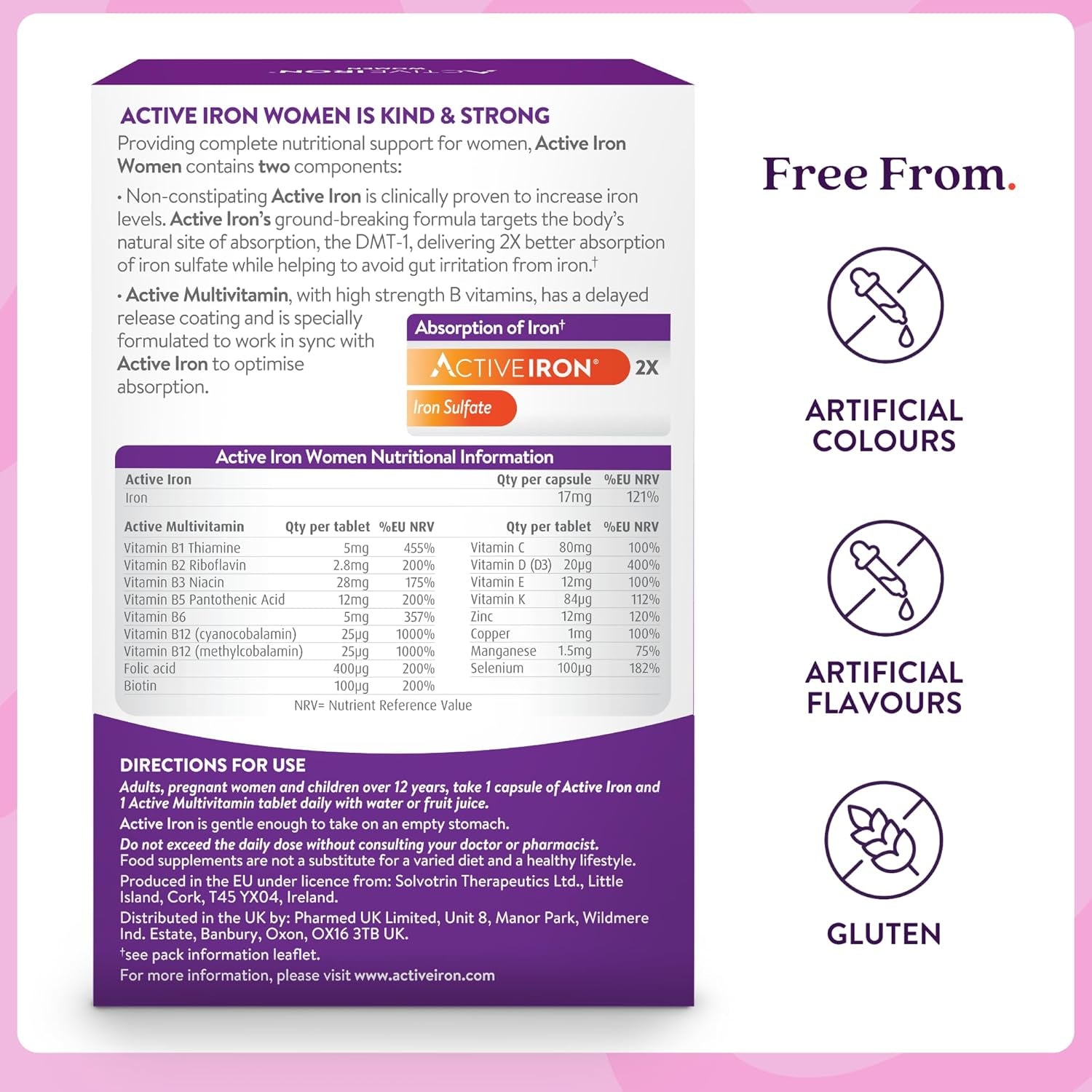 Active Iron Women with Active Multivitamin Supplement 17 Mg, High Strength B Vitamins, Non-Constipating, 30 Iron Capsules & 30 Active Multivitamins, 1 Month Supply