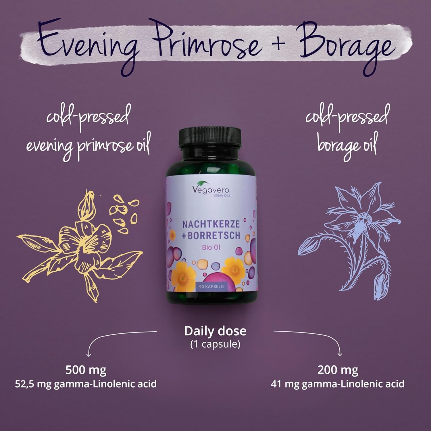 Vegavero Organic Evening Primrose Oil | with Organic Borage Seed Oil | Cold-Pressed | 90 Capsules | NO Additives, Lab-Tested | Rich in Linoleic Acid, Omega 3 & GLA | Vegan