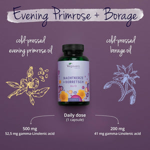 Vegavero Organic Evening Primrose Oil | with Organic Borage Seed Oil | Cold-Pressed | 90 Capsules | NO Additives, Lab-Tested | Rich in Linoleic Acid, Omega 3 & GLA | Vegan