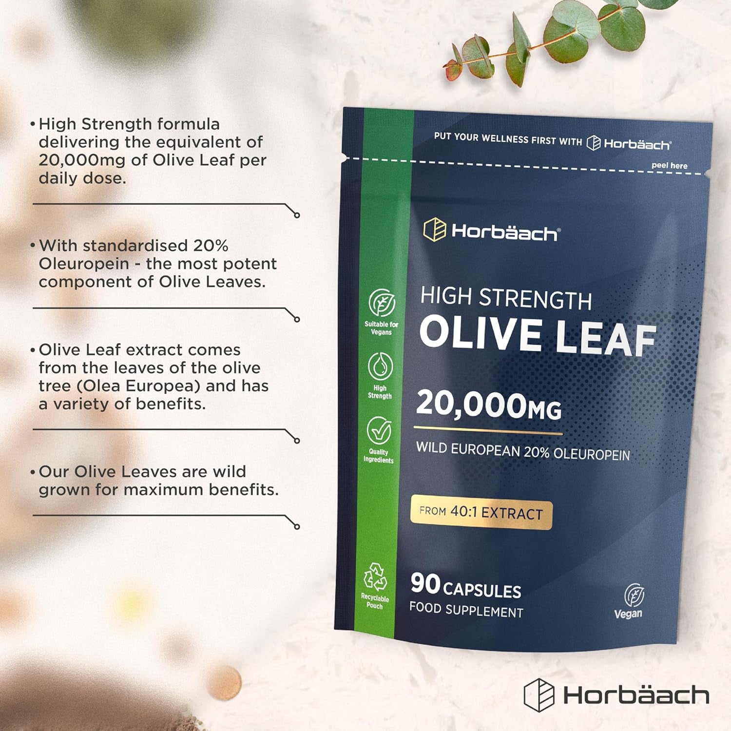 Olive Leaf Extract Capsules 20,000Mg | Wild European 20% Oleuropein | High Strength Supplement | 90 Vegan Capsules | by Horbaach