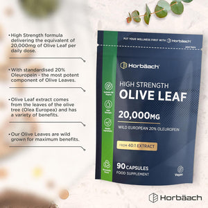 Olive Leaf Extract Capsules 20,000Mg | Wild European 20% Oleuropein | High Strength Supplement | 90 Vegan Capsules | by Horbaach