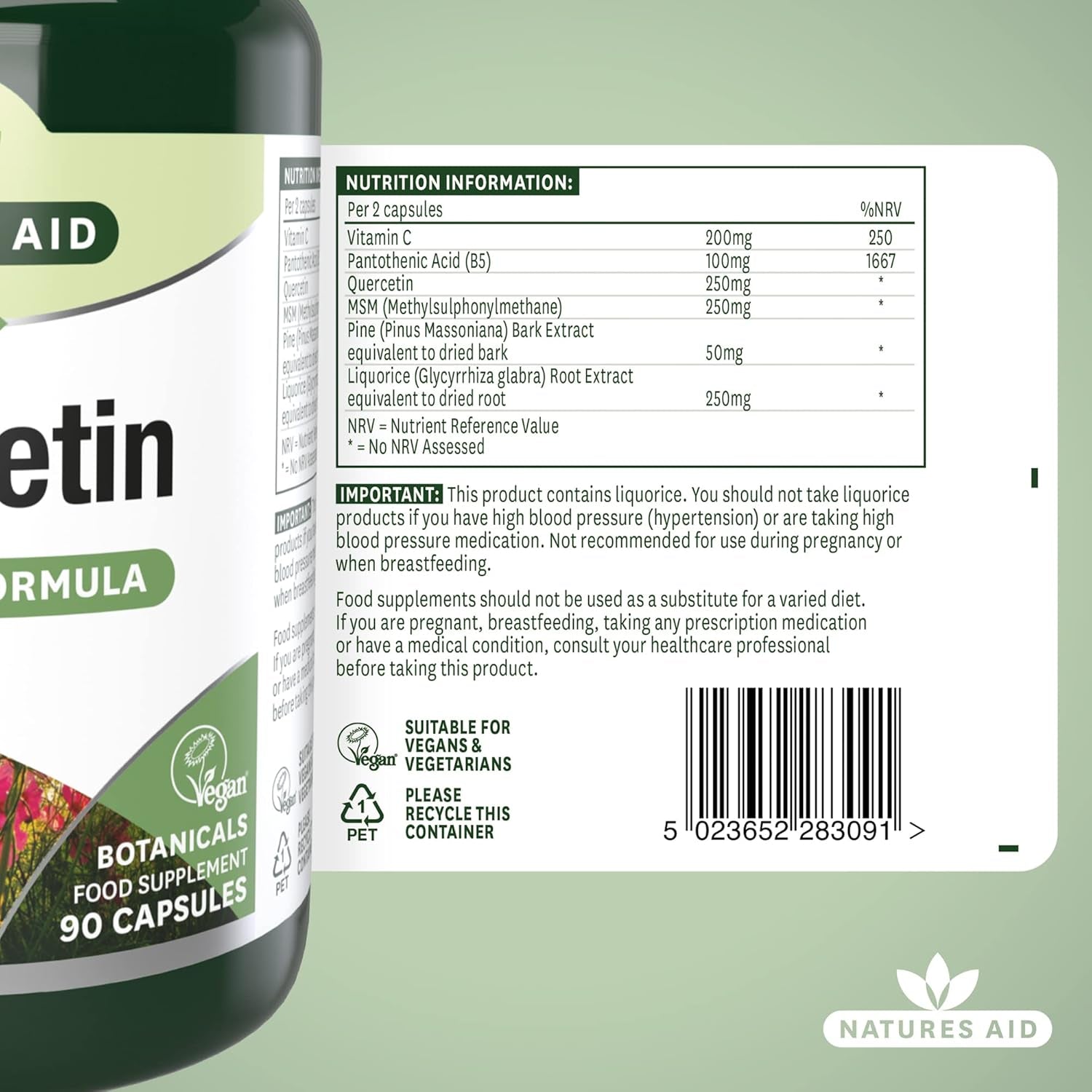 Natures Aid Quercetin Formula – Immune Support Supplement with Vitamin C, B5, MSM, Pine Bark & Liquorice – Supports Energy & Wellbeing High Strength Antioxidant – 90 Vegan Capsules