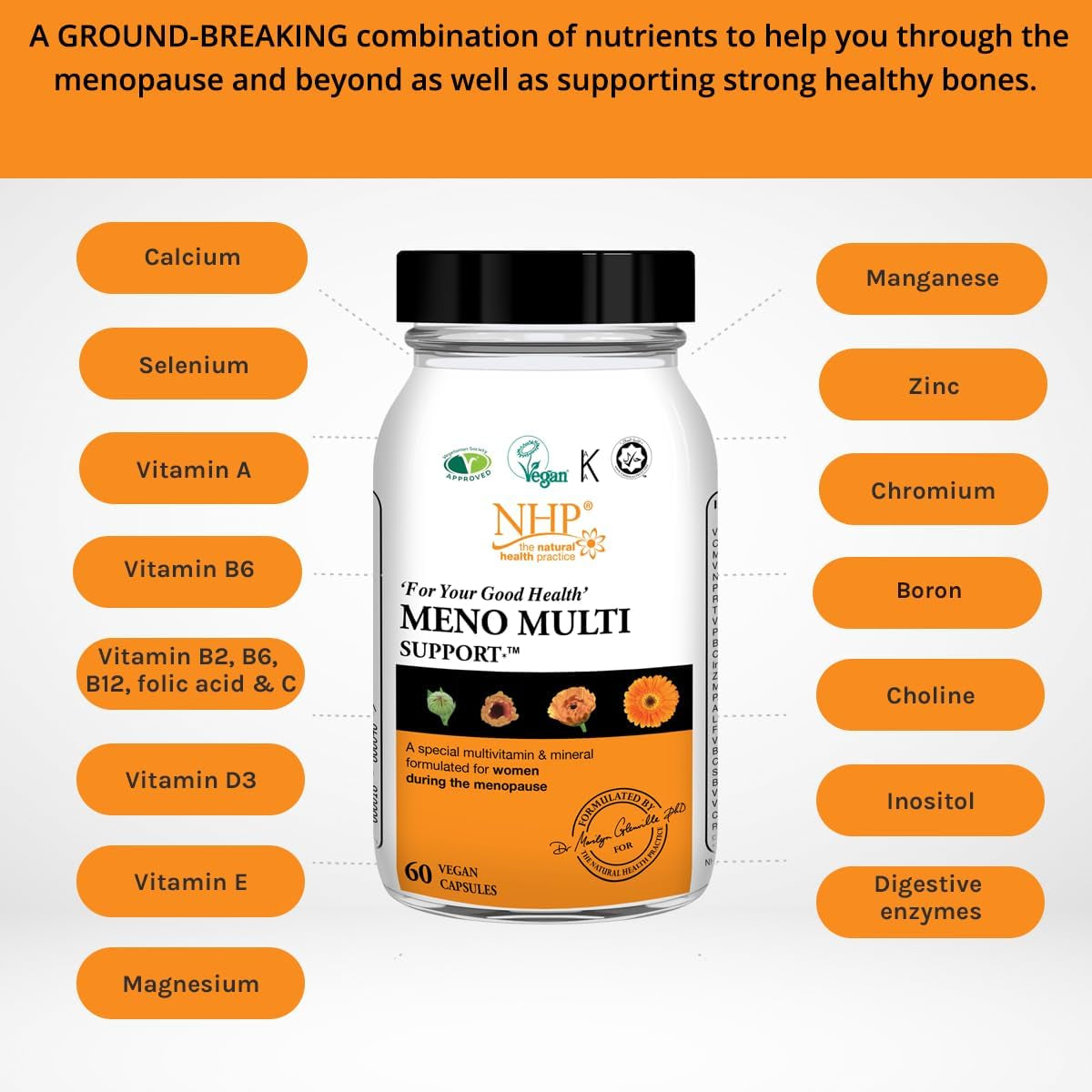 NHP Advanced Meno Multi Support - Multivitamin Formula for Menopause Health, Hormonal Balance, Bone Strength and Overall Well-Being,Gluten - Free, Dairy Free,60 Vegan Capsules