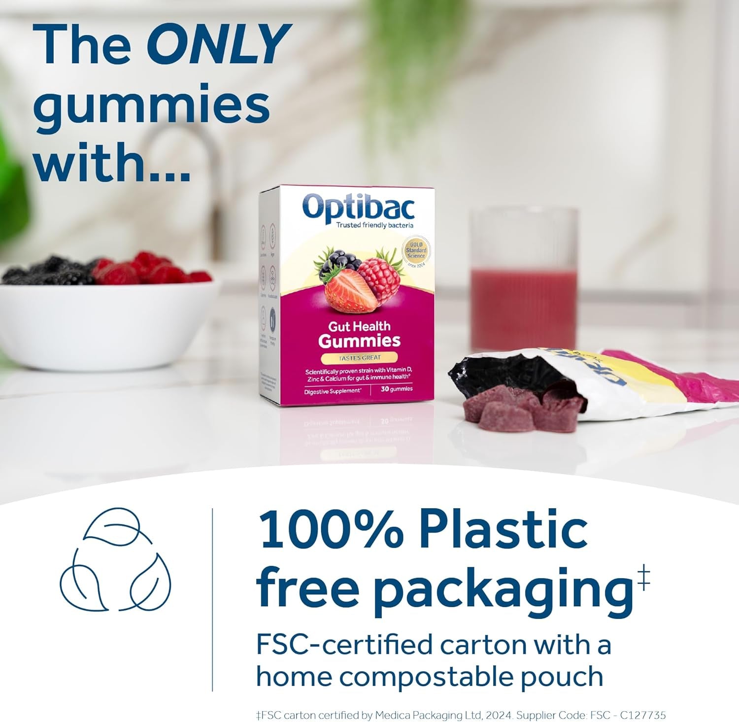 Optibac Probiotics Gut Health Gummies - Vegan Digestive Probiotic Supplement with Vitamin D, Zinc & Calcium for Immune Support & Gut Health - 5 Billion Bacterial Cultures - 30 Gummies
