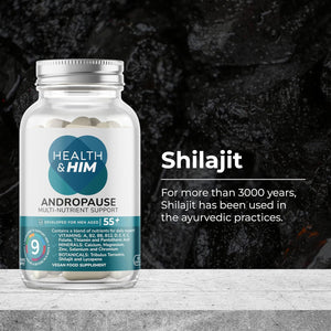 Health & Him Andropause 55+ Supplements for Men - with Shilajit & Tribulus Terrestris - Mens Multivitamin 60 Capsules. Vegan, Gluten-Free