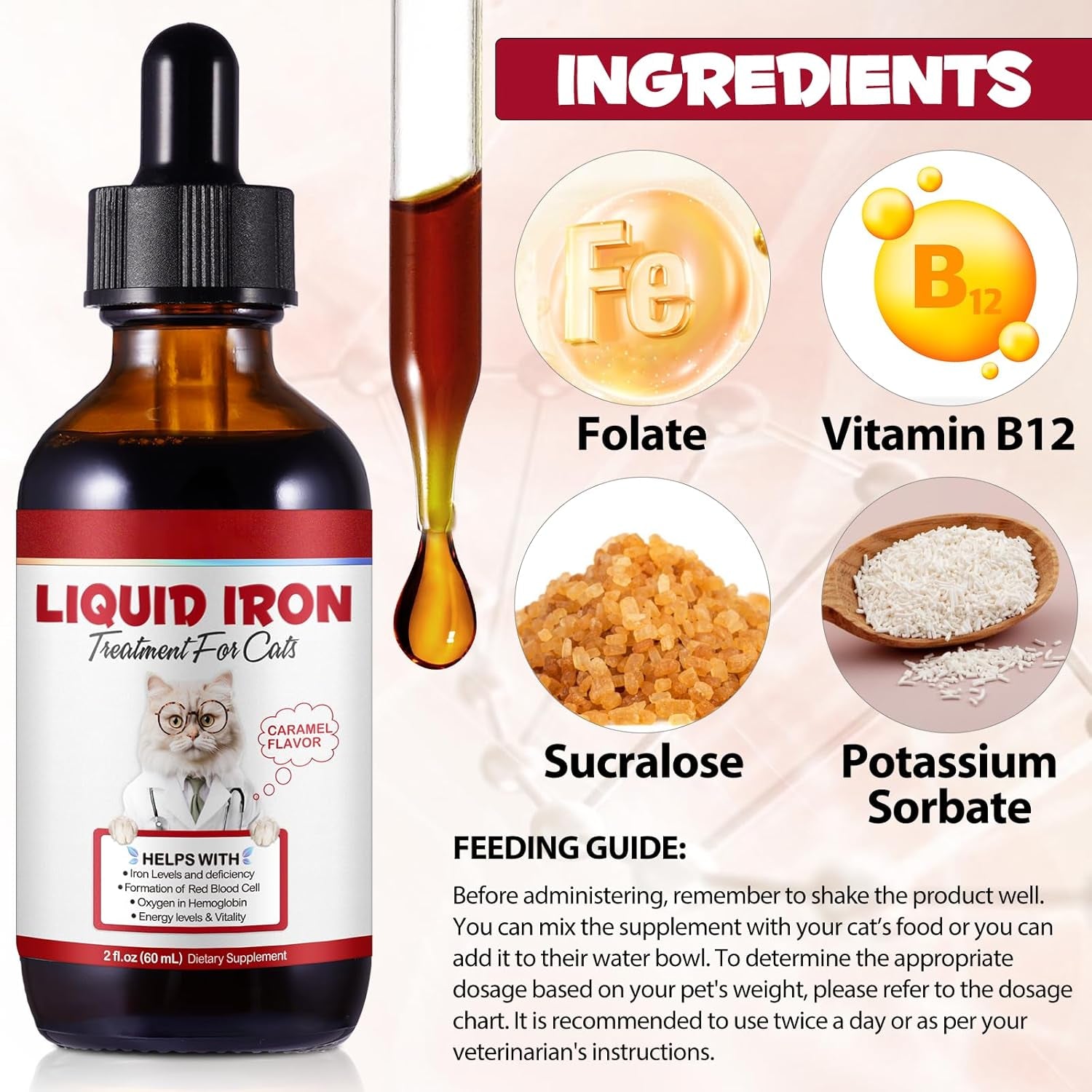 Liquid Iron Drops for Cats, Liquid Supplement for Cats Supports Anemia, Low Enery Levels and Lethargy, Improve Energy Levels & Vitality, Pet Supplies Cat Supplement Vitamins, Caramel Flavor - 2 Fl.Oz