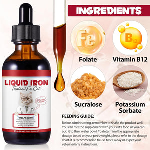 Liquid Iron Drops for Cats, Liquid Supplement for Cats Supports Anemia, Low Enery Levels and Lethargy, Improve Energy Levels & Vitality, Pet Supplies Cat Supplement Vitamins, Caramel Flavor - 2 Fl.Oz