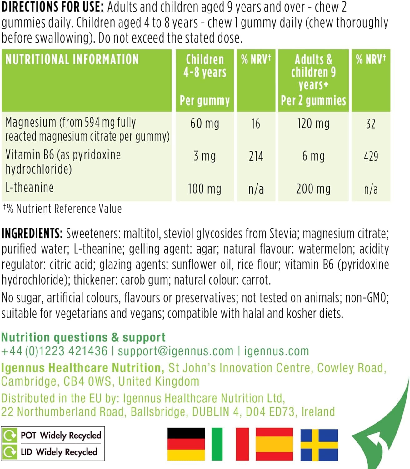 Igennus Calm Magnesium Gummies, L-Theanine & Vitamin B6, for Kids & Adults, 90 Sugar-Free Gummies, Watermelon Flavour, Clean Ingredients & Vegan, 45-90 Servings
