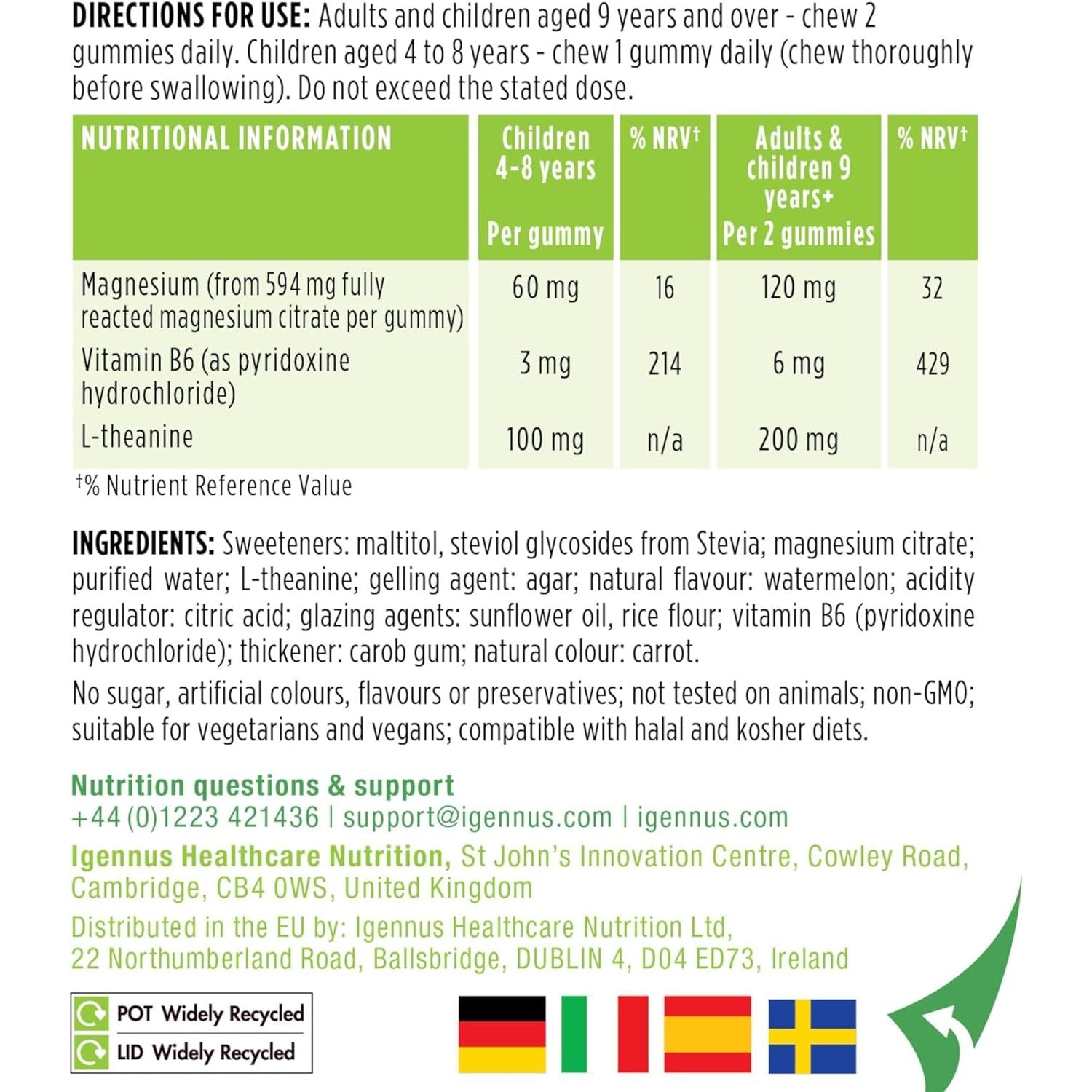 Igennus Calm Magnesium Gummies, L-Theanine & Vitamin B6, for Kids & Adults, 90 Sugar-Free Gummies, Watermelon Flavour, Clean Ingredients & Vegan, 45-90 Servings