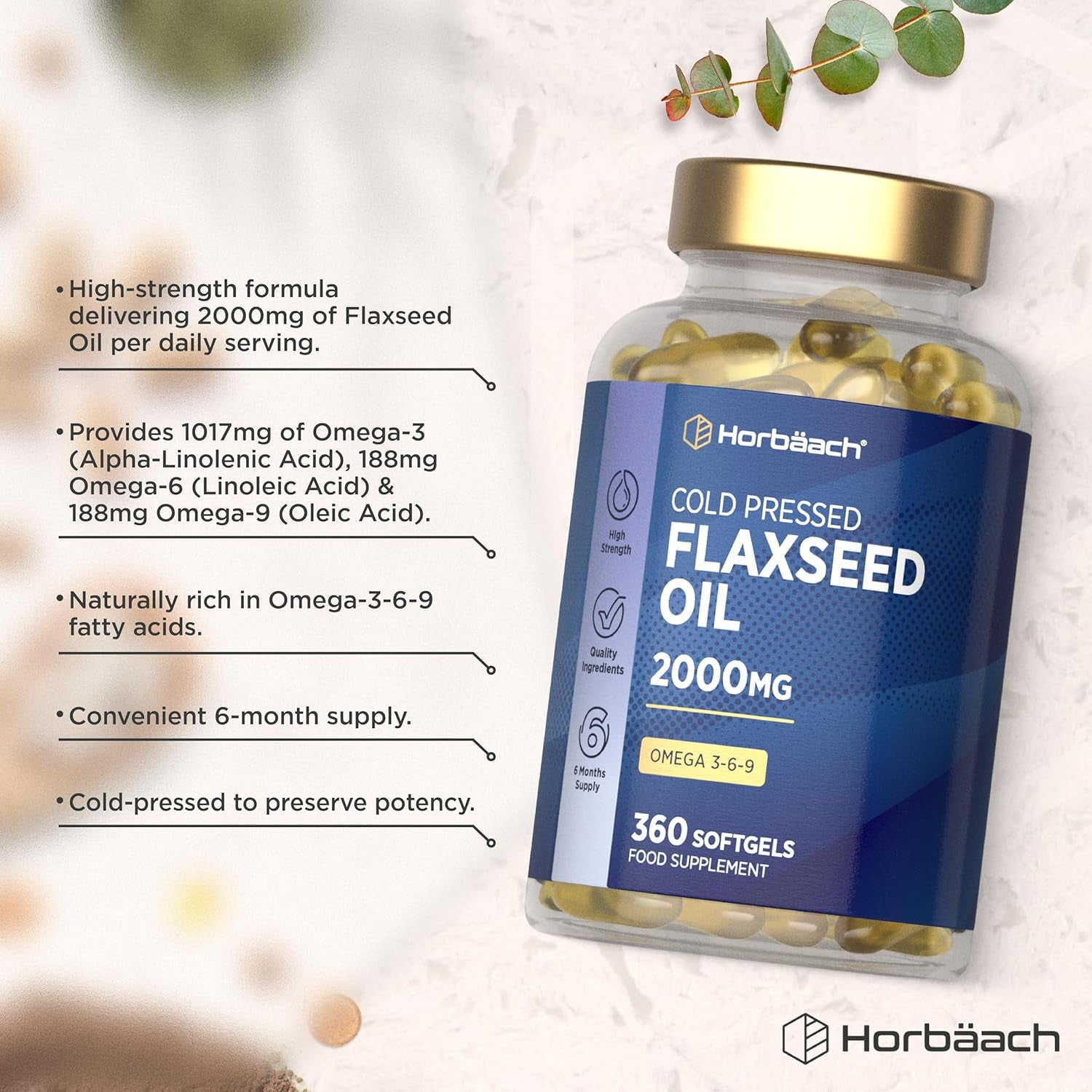 Flaxseed Oil Capsules 2000Mg | 360 Softgels | Omega 3 6 9 with High Strength Alpha Linolenic Acid (ALA) | Cold Pressed Supplement | by Horbaach