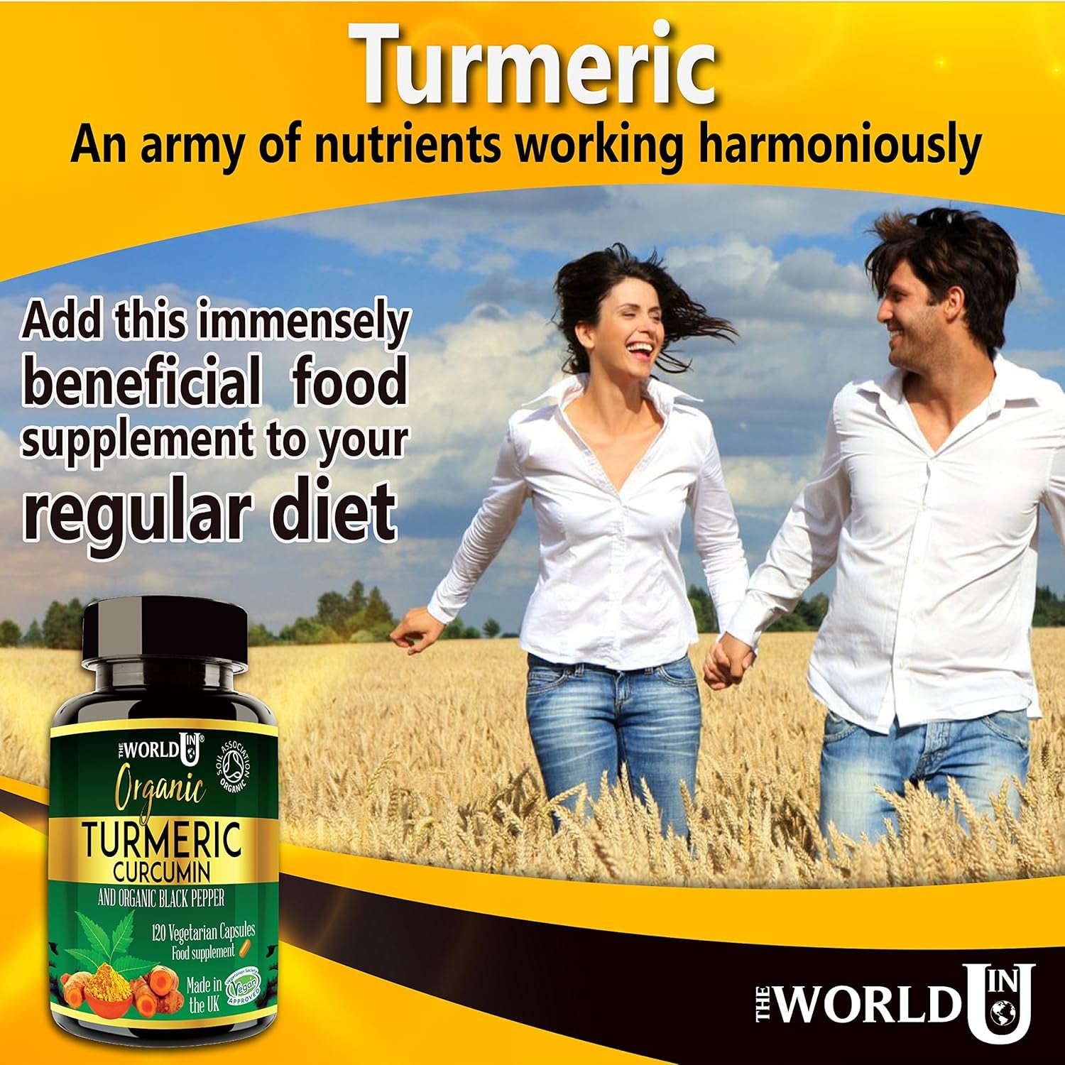 Ultra Pure Organic Turmeric Curcumin and Organic Black Pepper Capsules High Strength Food Supplement 120 Veg Capsules Soil Association Organic Certified and Vegetarian Society Approved - Made in UK