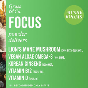 Grass & Co. | Focus Lion’S Mane Nootropic Powder | 2000Mg Lion’S Mane, 1000Mg Ginseng & Vegan Omega-3 | Brain Boost, Memory & Caffeine-Free Alertness | 46 Servings