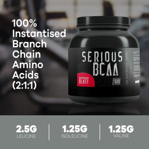 Serious BCAA Powder 500G, 100 Servings Pre Workout - Helps Build Muscle - the Bulk Protein Company (Raspberry Blast)