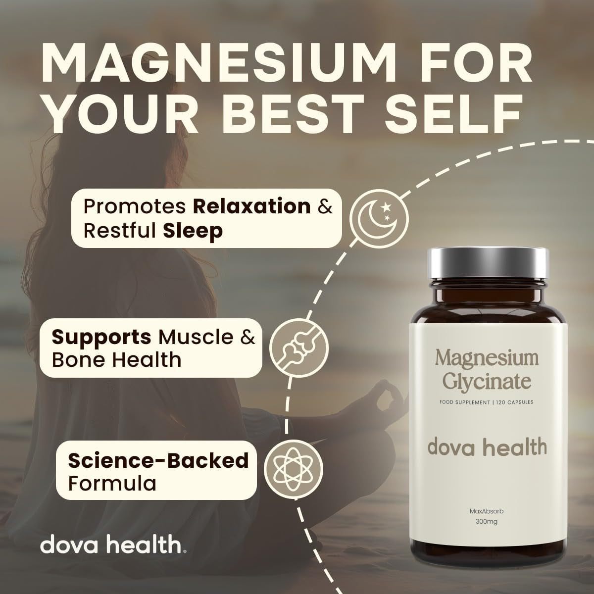 Dova Health Glycinate 300Mg - High Absorption Chelated Magnesium Bisglycinate - Pure Magnesium Supplement for Sleep, Stress Relief, Muscle & Bone Support - 120 Vegan Capsules, Made in UK