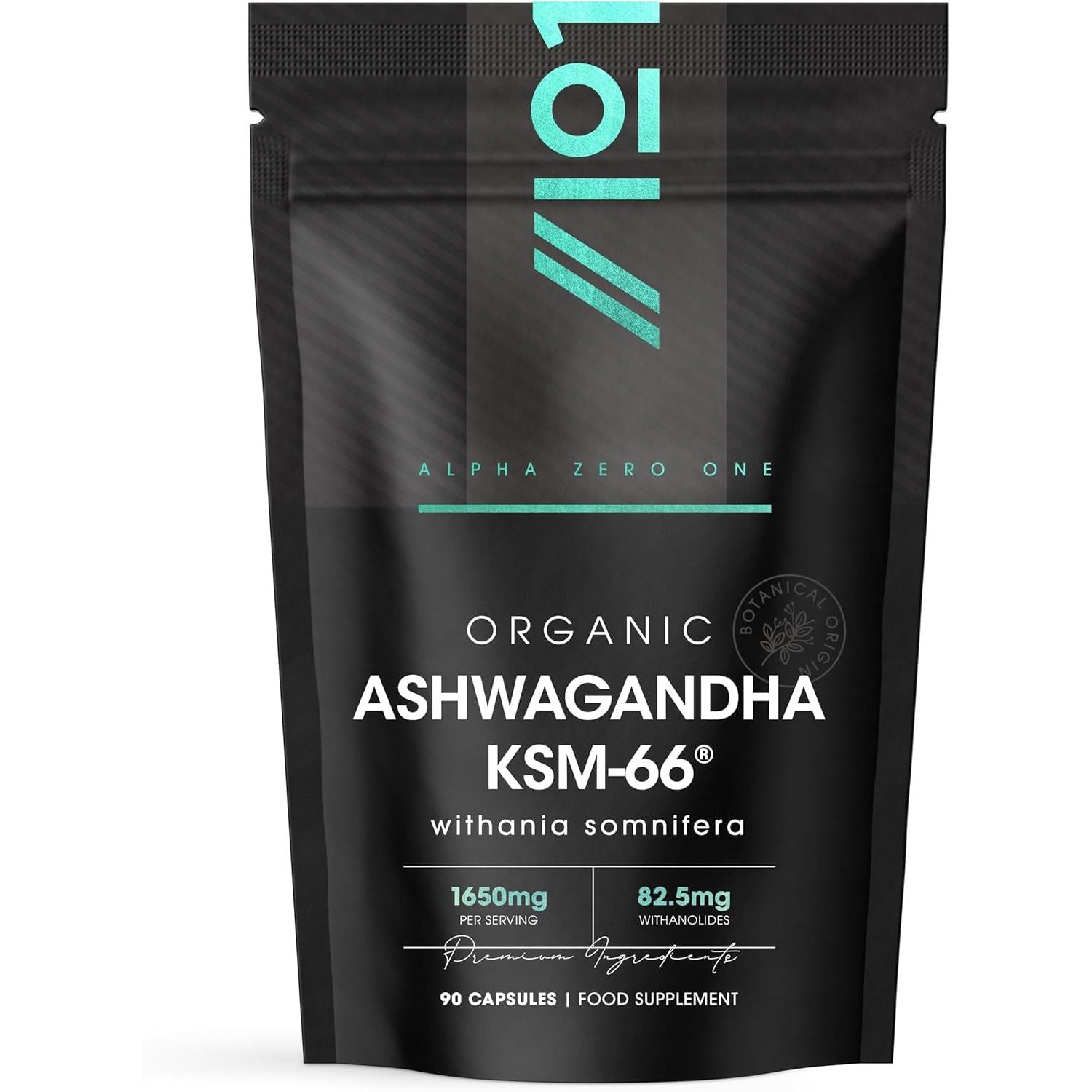 Organic Ashwagandha KSM-66® with Bioperine 1650Mg – 90 Vegan Capsules – 5% Withanolides – Most Bioavailable Full-Spectrum Root Extract – Resealable and Recyclable Pouch by Alpha01