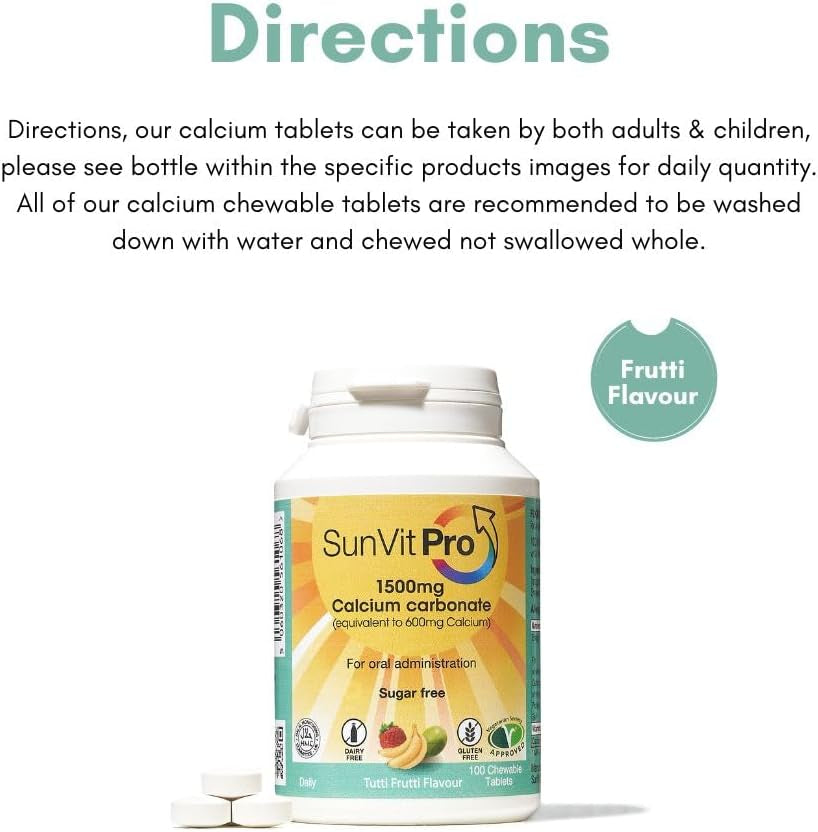 Sunvit-Pro Calcium Carbonate Tablets 600Mg Tutti Frutti Flavor - Calcium Supplements for Women & Men Supports Heart, Bones, Joint & Digestive Health - Gluten Free 100 Chewable Tablets