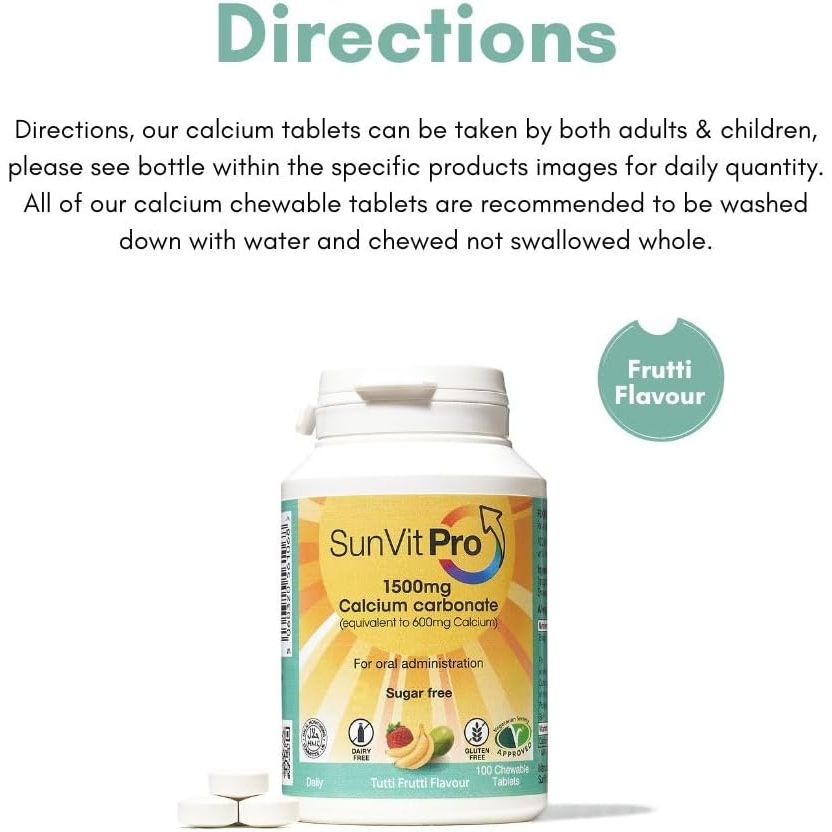 Sunvit-Pro Calcium Carbonate Tablets 600Mg Tutti Frutti Flavor - Calcium Supplements for Women & Men Supports Heart, Bones, Joint & Digestive Health - Gluten Free 100 Chewable Tablets