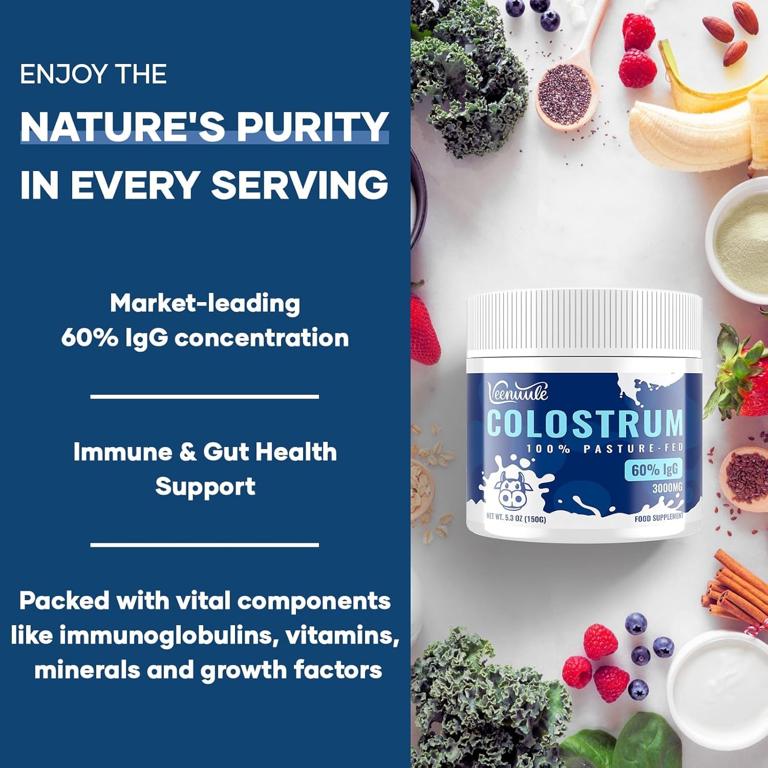 Veenuule Colostrum Powder 3000MG, with 60% Natural Igg (Immunoglobulins), Grass Fed Cow Colostrum, Non-Gmo, Unflavored 50 Servings