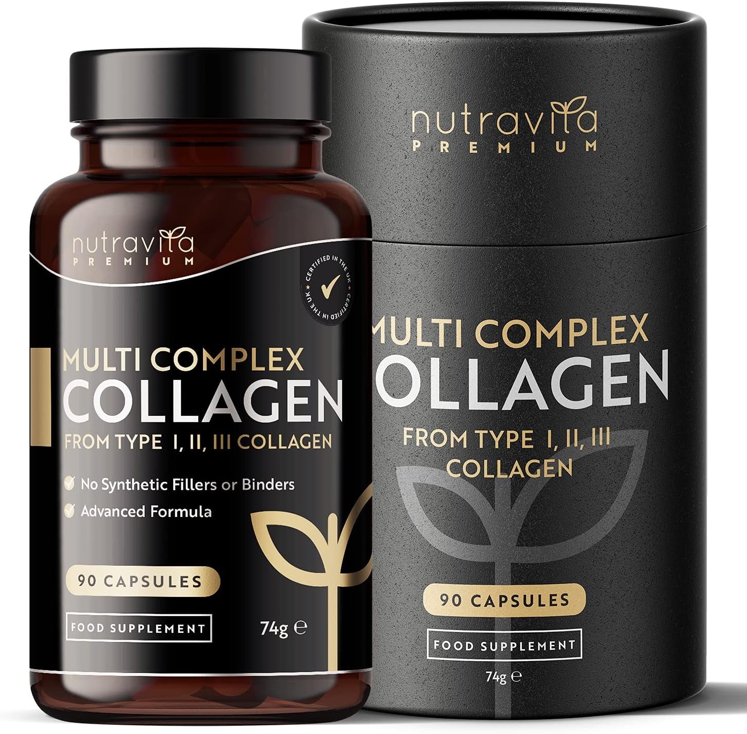 Premium Multi Collagen Protein Capsules with Type I, II, III - Includes Hydrolysed Grass Fed Bovine Collagen, Marine Collagen, Hyaluronic Acid, Turmeric - 90 Capsules - Made in the UK by Nutravita
