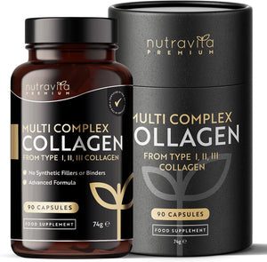 Premium Multi Collagen Protein Capsules with Type I, II, III - Includes Hydrolysed Grass Fed Bovine Collagen, Marine Collagen, Hyaluronic Acid, Turmeric - 90 Capsules - Made in the UK by Nutravita