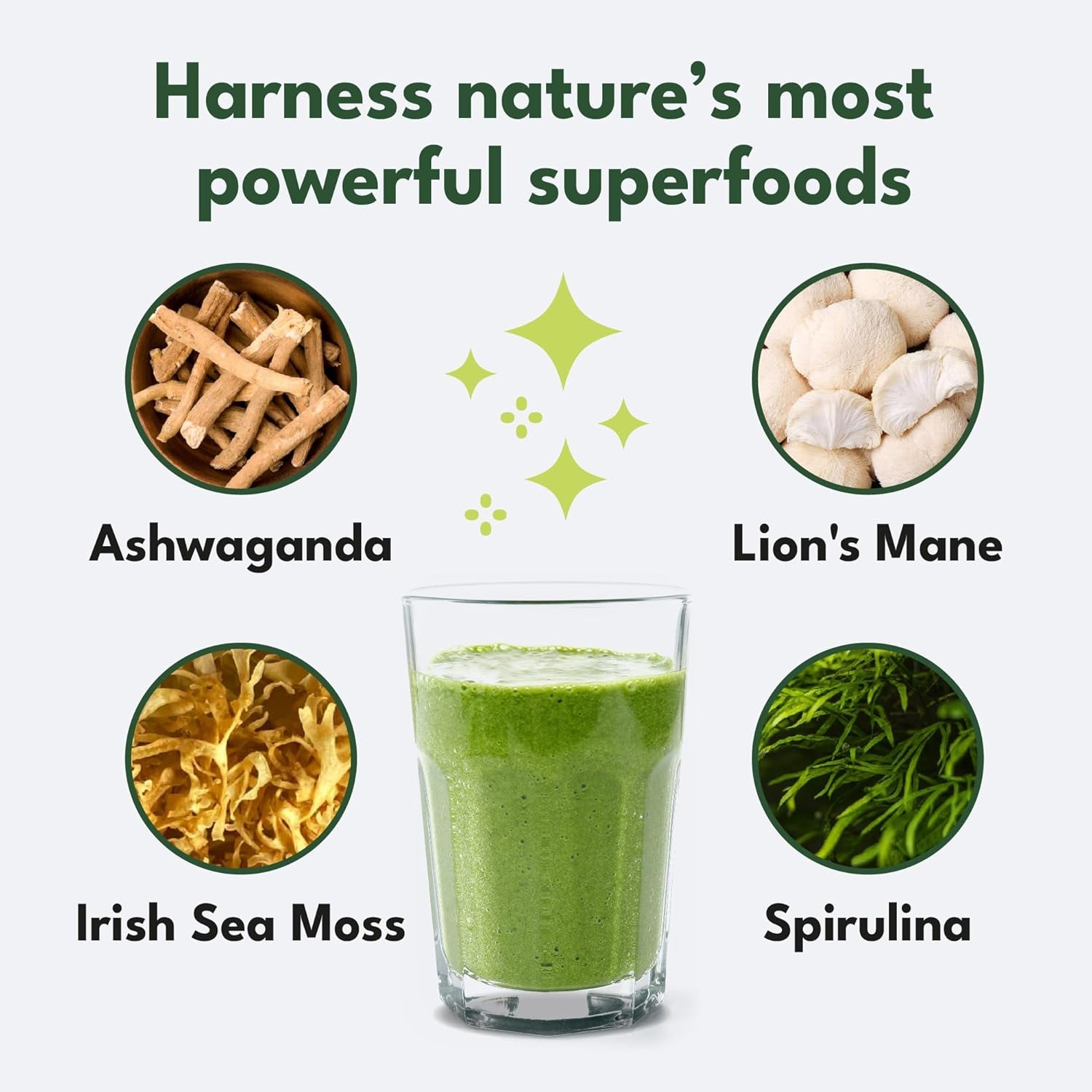 Greens Powder - Made in UK with 37 Superfoods - 300G High Dosage Servings - Vegan Gluten Free Greens Powder- Daily Vitamins, Probiotics for Gut Health - with KSM-66® Ashwagandha and Lions Mane