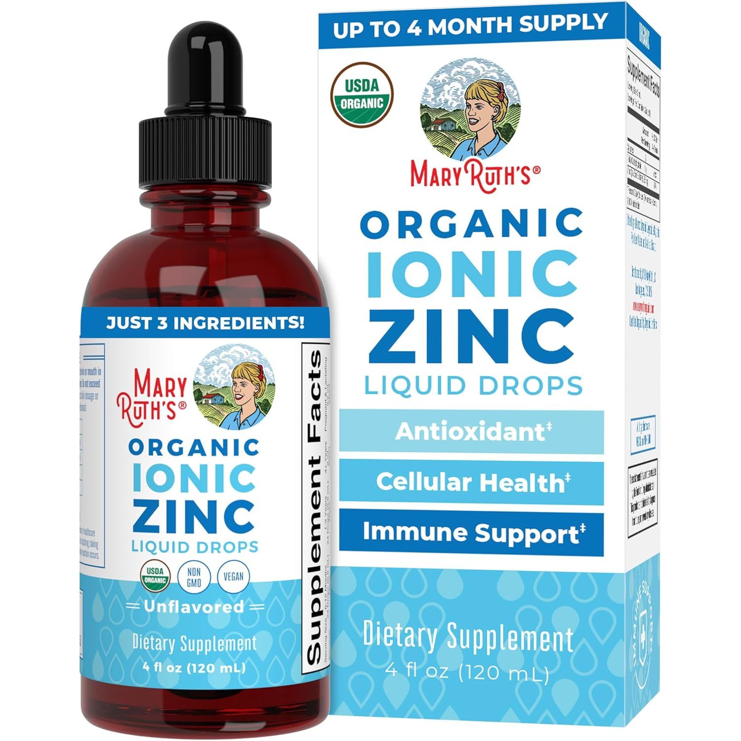 Maryruth Organic, Liquid Ionic Zinc, Zinc Drops, Dietary Supplement, Unflavored, 120Ml, Vegan, Gluten-Free, Soy-Free