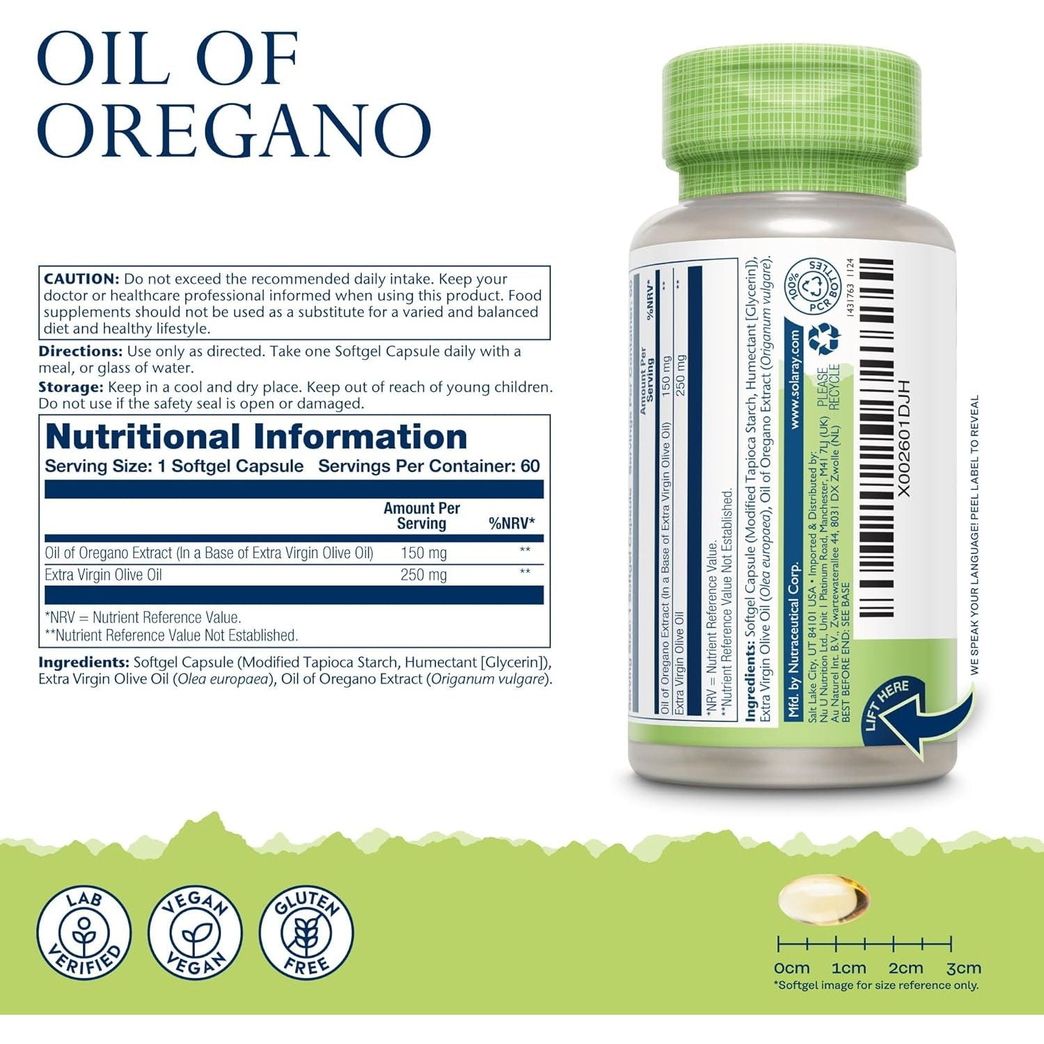 Solaray - Oregano Oil 150Mg - 60 Vegan Softgel - Natural Source of Omega 3 and 6, Vitamins and Minerals - High Strength Supplement - with Extra Virgin Olive Oil for Gentle Digestion - Lab Verified