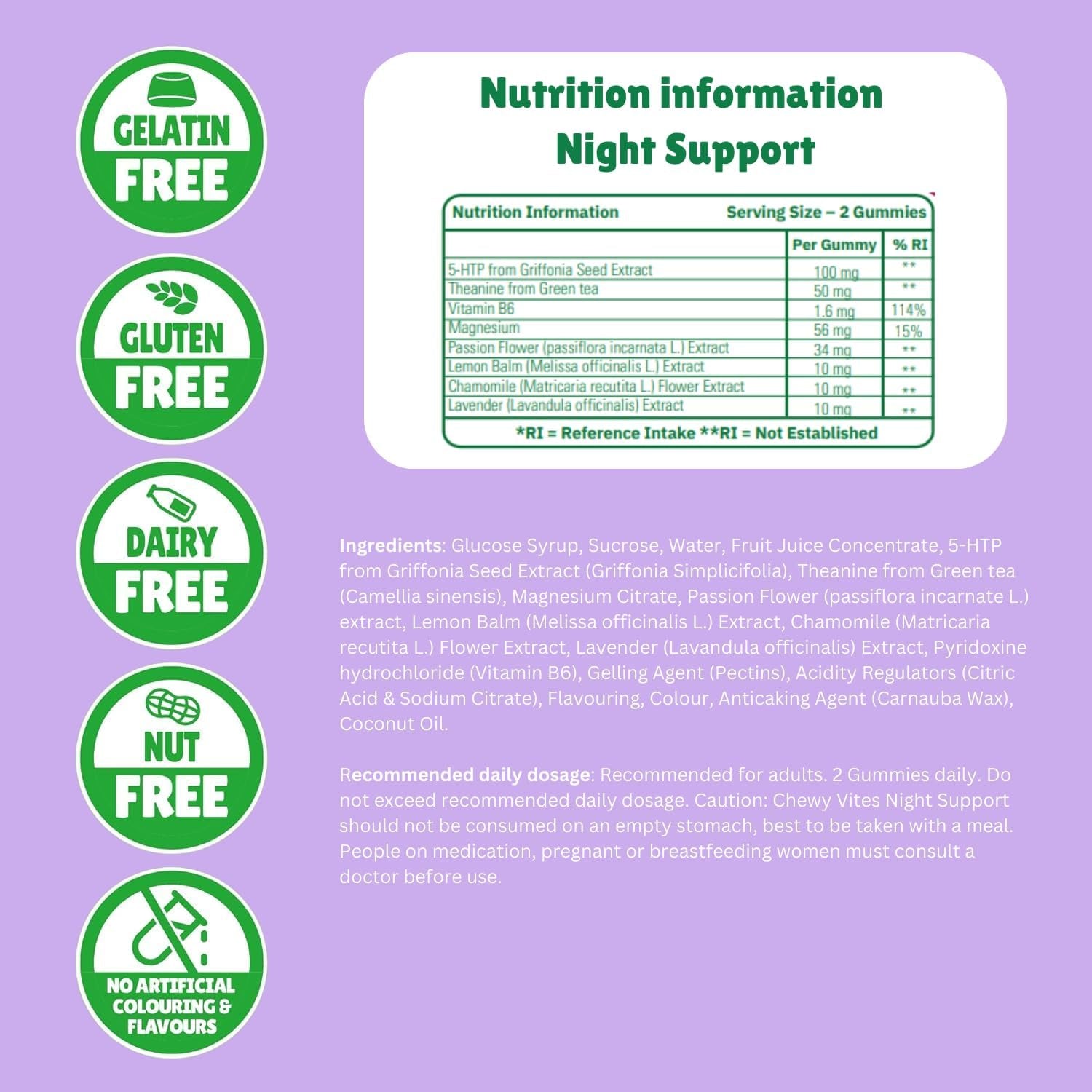 Chewy Vites Adult Night Support, 60 Non-Melatonin Gummies with 5-HTP, Magnesium, Theanine, Chamomile, Lavender, Herbal Night Time Gummies, 1 Months Supply, Berries Flavour