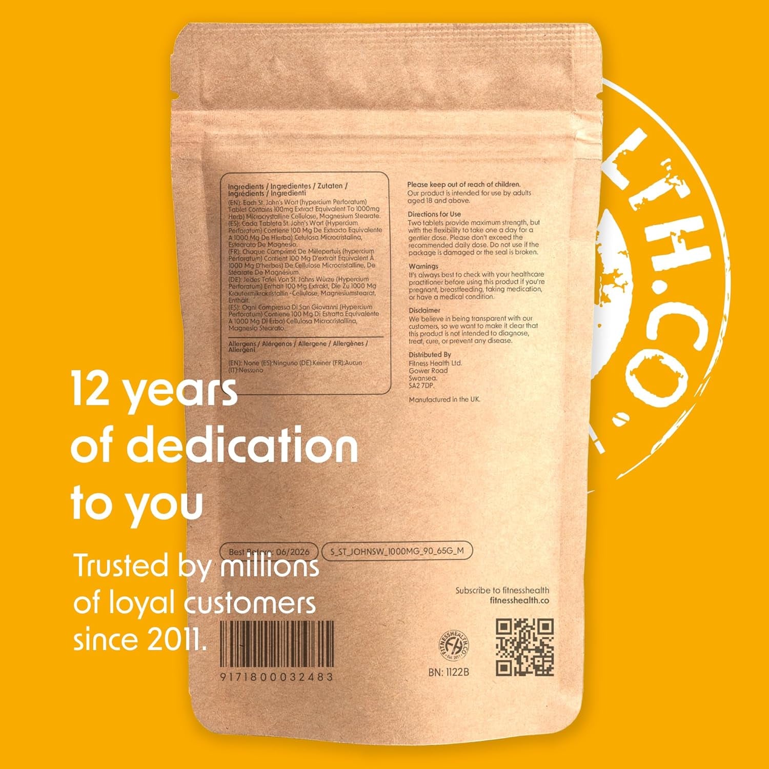 Fitness Health ST Johns Wort Tablets | Relief of Slightly Low Mood & Mild Anxiety | High Strength Supplement | Vegan Tablets & UK Made | High Strength St. John'S Wort Supplement | 1000MG (90 Tablets)