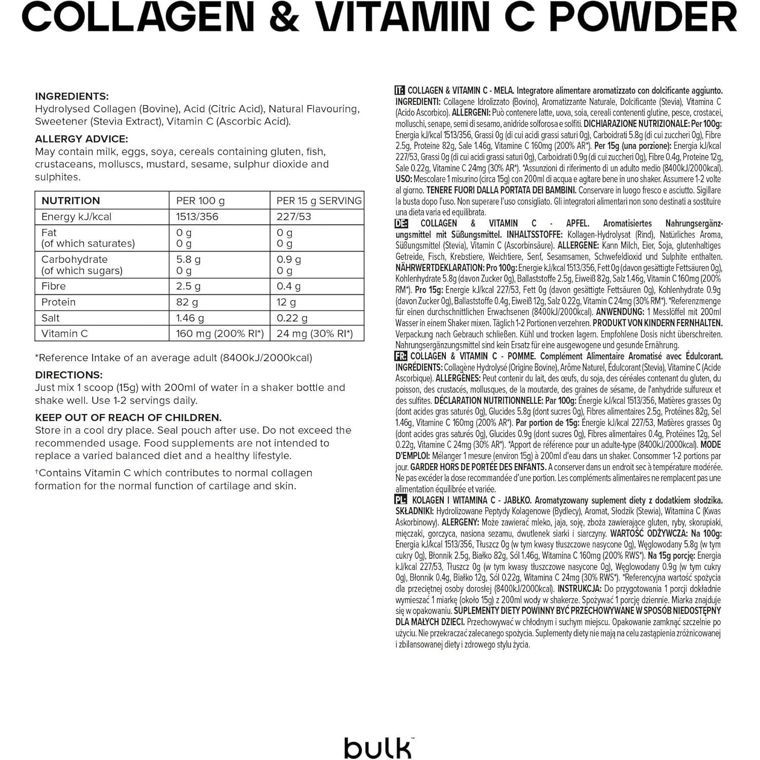 Bulk Collagen Powder with Peptides and Vitamin C, Hydrolysed Bovine Collagen, High Protein Supplement Daily Use in Smoothies, Shakes and Recipes, Joint and Skin Routine, Apple, Easy Mixing 500G