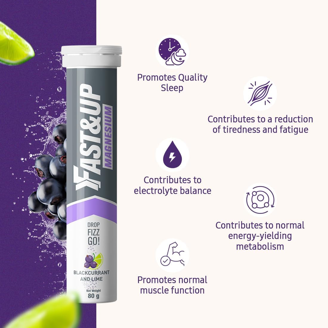 Fast&Up Magnesium - 300Mg Magnesium & 10Mg Zinc - 20 Tablets - Refreshing Blackcurrant & Lime Flavour