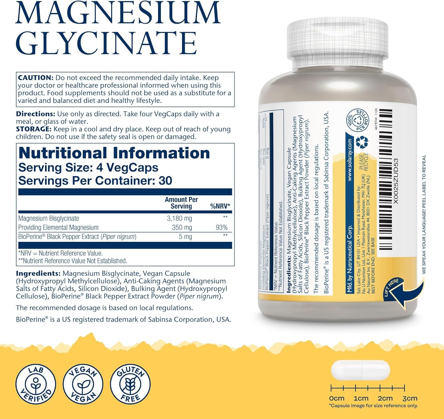 Solaray - Magnesium Glycinate 3180Mg - 120 Vegan Capsules - High Strength Mag Bisglycinate Supplement - with Added Bioperine Black Pepper for Gentle Digestion - Lab Verified