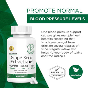 Plantonin Grape Seed Extract Capsules, 465 Mg – Polyphenols Supplement for Optimal Blood Flow & Kidney Support | 60 Capsules with 93% Opcs – 60,000Mg Strength, GMO & Gluten-Free