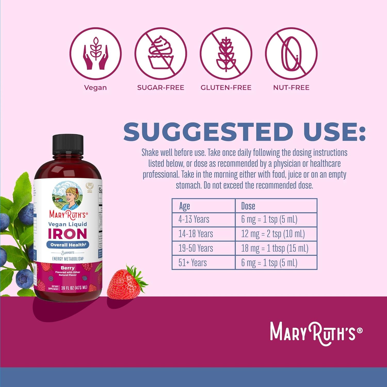 Maryruth Organics, Liquid Iron, Vegan Liquid Iron, 450Ml, Vegetarian, Gluten-Free, Soy-Free, Non-Gmo
